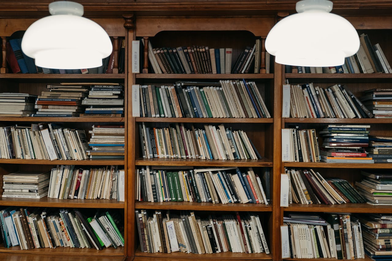 Neatly organized wooden bookshelves filled with diverse books under warm lighting.